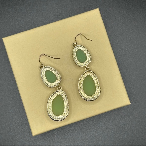 Gold Tone & Green Stone Double Drop Earrings - Picture 7 of 9